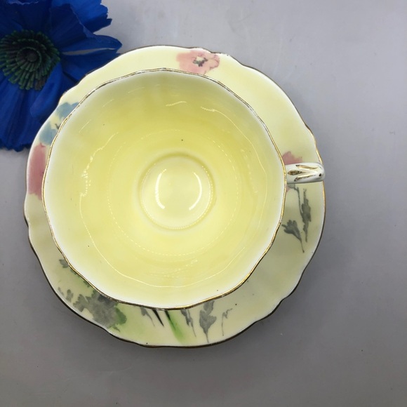 Crown Staffordshire Teacup & Saucer Pale Yellow w/Blue, Pink, and Yellow Flowers - Picture 8 of 10